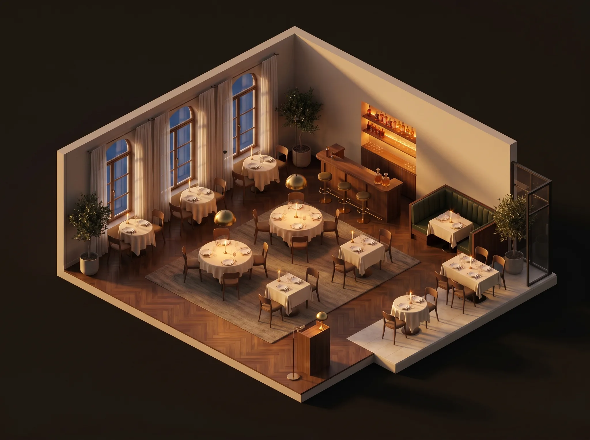 A candlelit dining room at night